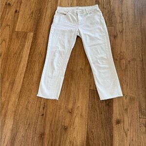 Eileen Fisher 98% Organic Cotton Off White with tan stitch Raw Hem Cropped Pants